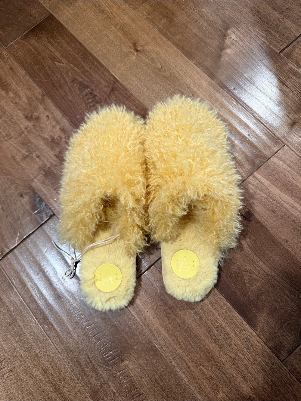 NEW Anthropologie Fluffy Yellow Slide Slippers